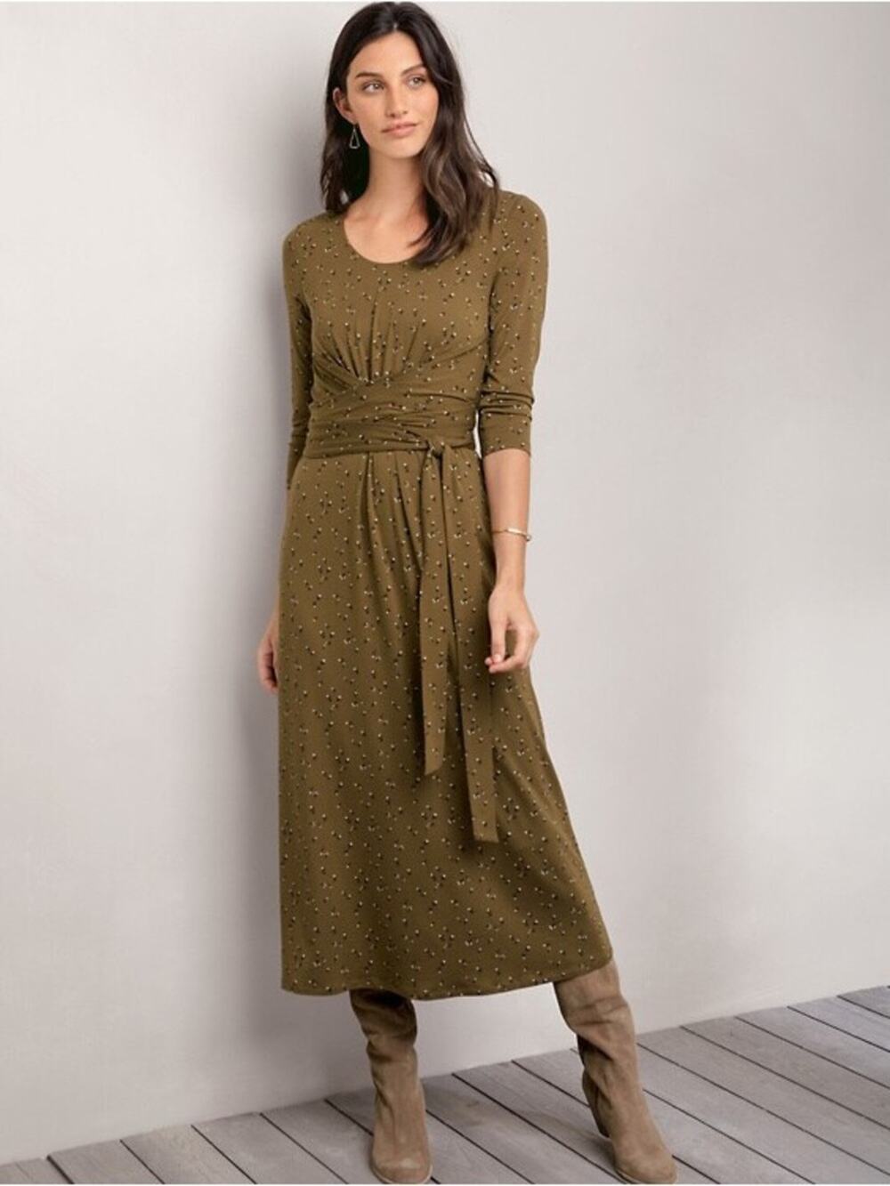 Garnet Hill Ballet-Wrap 3/4 Sleeve Knit Midi Dress XS Green Brown Floral Stretch